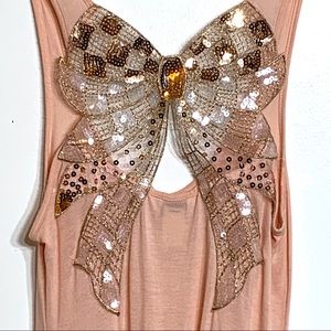 EUC Kirra pink tank w/ gold sequin embroidery‎ bow